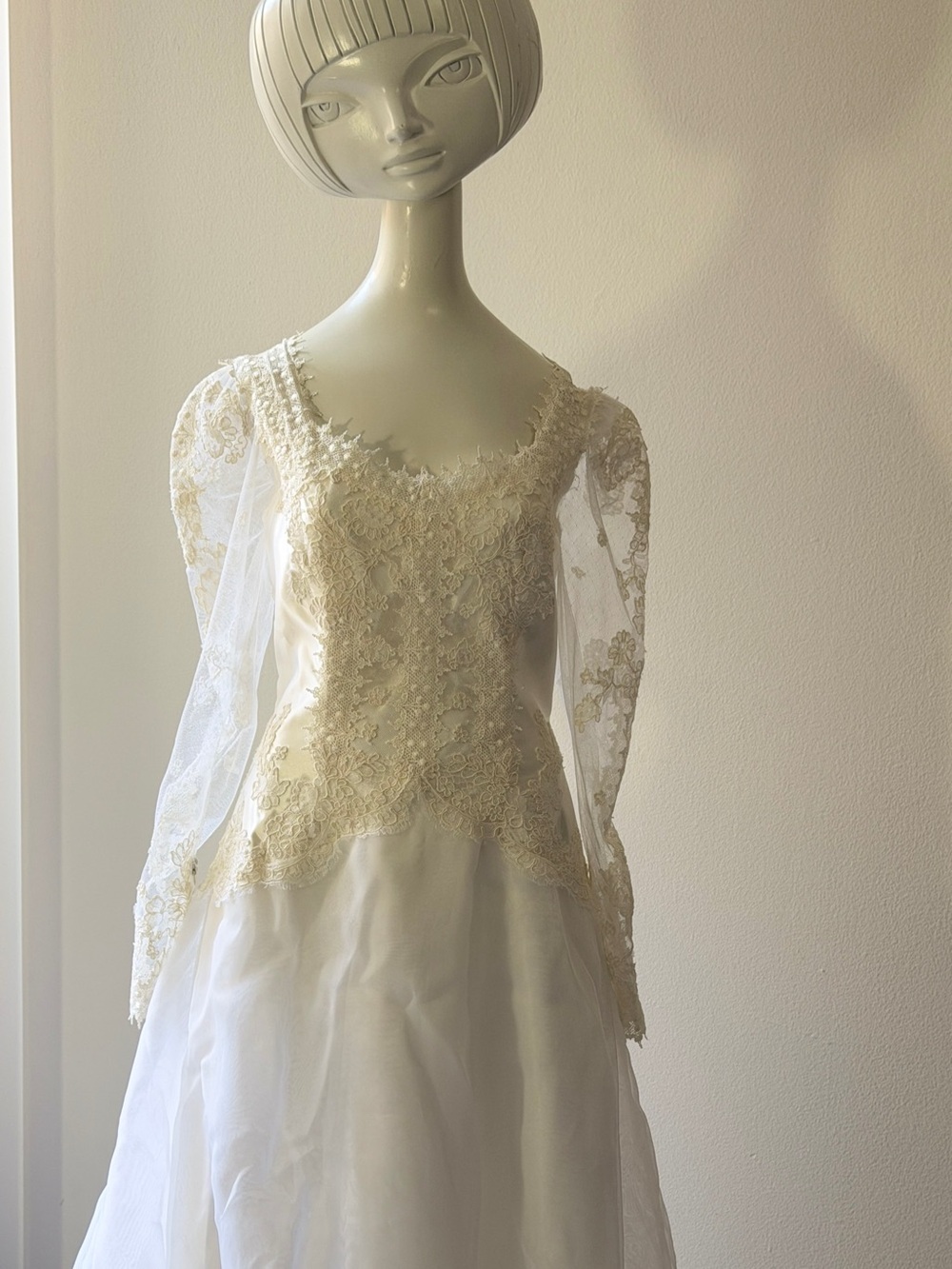 Priscilla of Boston Ivory Lace Long Sleeve Bridal Gown with Full Skirt